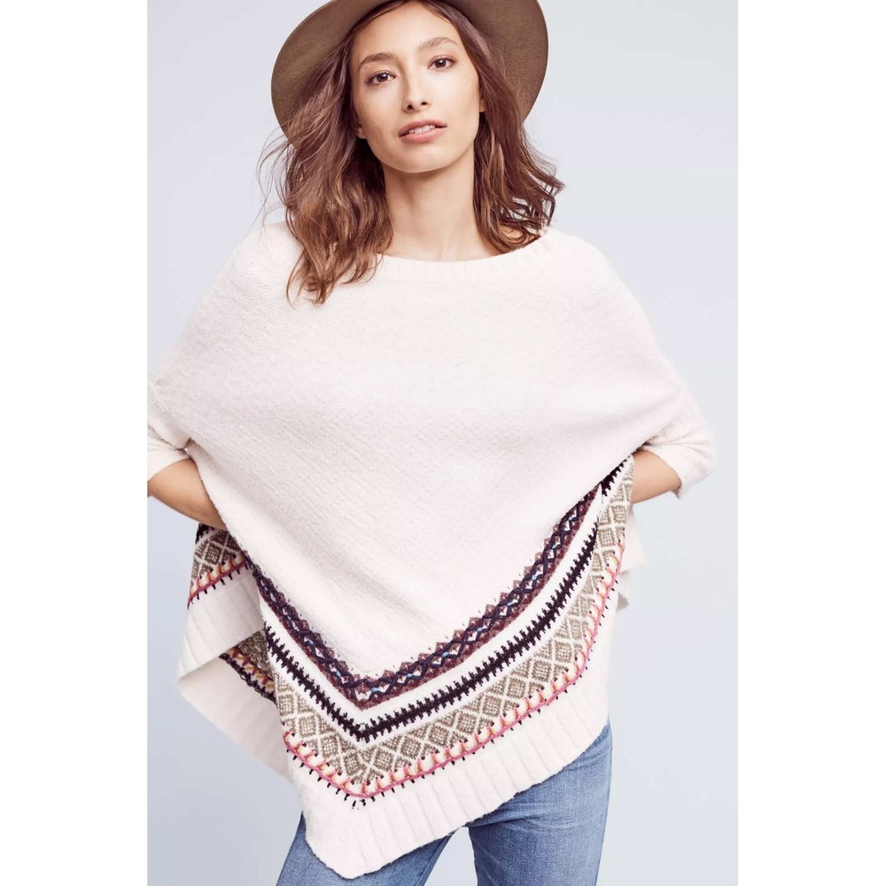 Anthropologie Sleeping on Snow Woodland Stroll Poncho Women ML Cream Good Boho